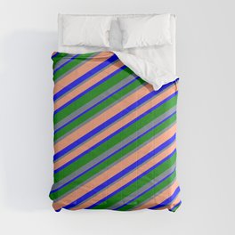[ Thumbnail: Slate Gray, Light Salmon, Blue & Green Colored Lines/Stripes Pattern Comforter ]