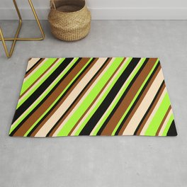 [ Thumbnail: Brown, Bisque, Light Green, and Black Colored Striped Pattern Rug ]