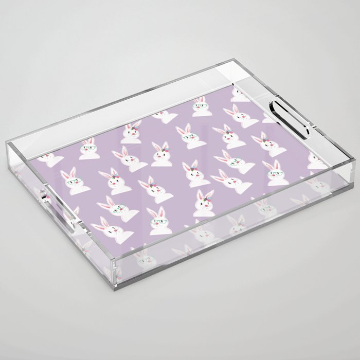 Easter Bunny With Glasses And Flowers Pattern Lavander Acrylic Tray