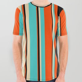 [ Thumbnail: Red, Black, Tan & Turquoise Colored Lined/Striped Pattern All Over Graphic Tee ]