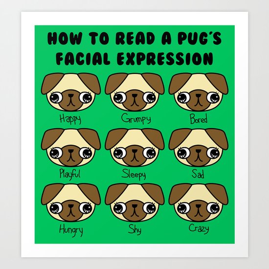 The many facial expressions of a pug Art Print