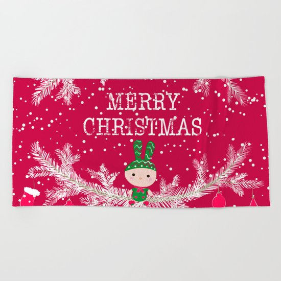 Merry christmas and happy new year greeting card wreath with cute toy bunny background Beach Towel