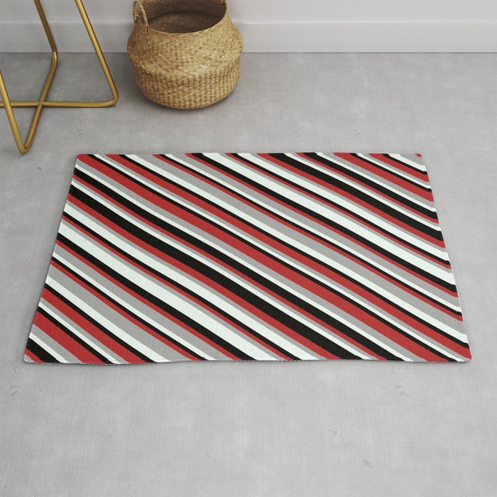 Red, Dark Grey, Mint Cream, and Black Colored Pattern of Stripes Rug