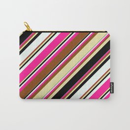 [ Thumbnail: Vibrant Brown, Pale Goldenrod, Black, Mint Cream & Deep Pink Colored Lined/Striped Pattern Carry-All Pouch ]