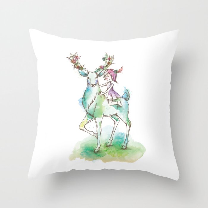 Deer & Girl Throw Pillow