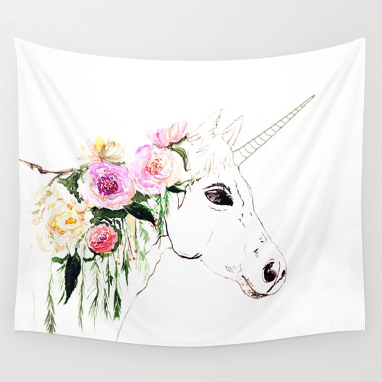 Unicorn, flowers, watercolor Wall Tapestry