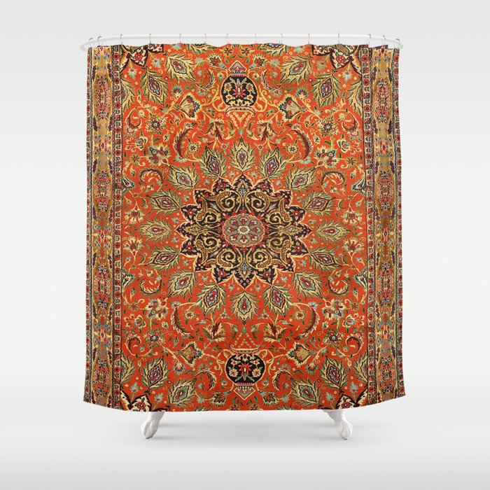 Central Persia Qum Old Century Authentic Colorful Orange Yellow Green Vintage Patterns Shower Curtain