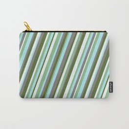 [ Thumbnail: Vibrant Dark Olive Green, Mint Cream, Dark Sea Green, Turquoise & Grey Colored Stripes Pattern Carry-All Pouch ]