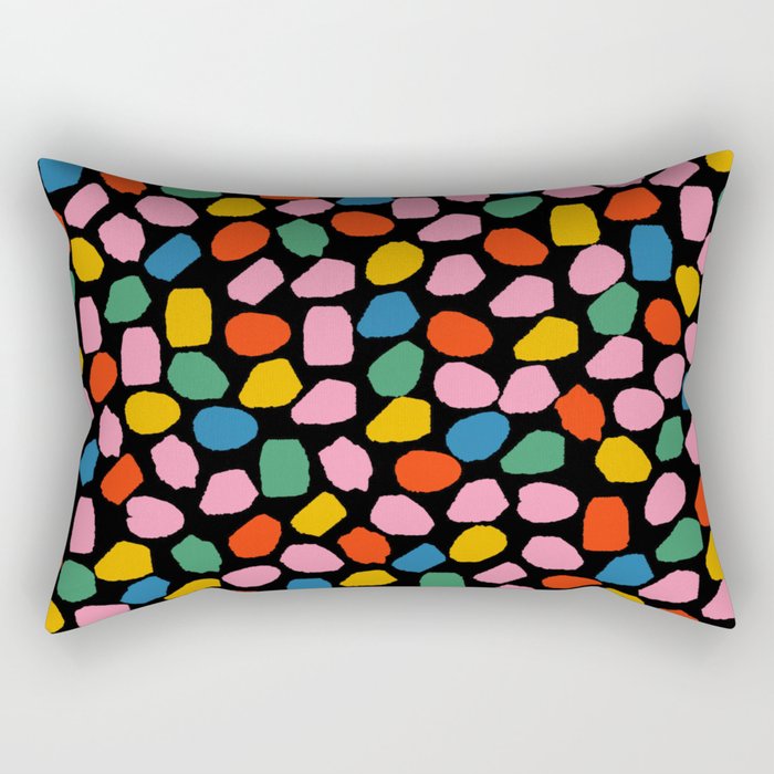 Ink Dot Colourful Mosaic Pattern in Rainbow Pop Colours on Black Rectangular Pillow