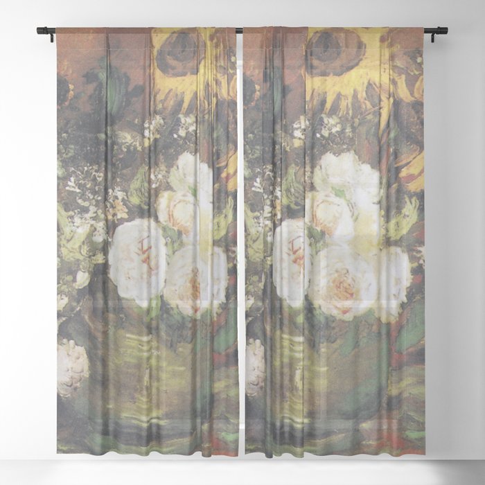 Bowl With Sunflowers Roses And Other Flowers Sheer Curtain