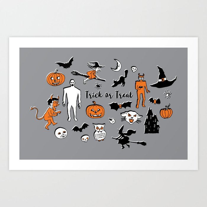 Trick or Treat - Vintage Halloween design - orange on grey Art Print