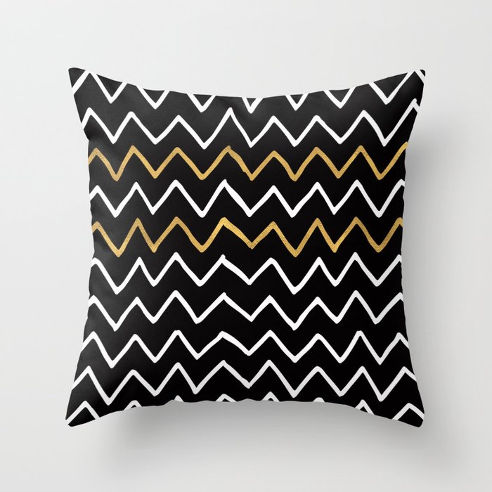 Writing Exercise - Simple Zig Zag Pattern- White Gold on Black - Mix & Match Throw Pillow