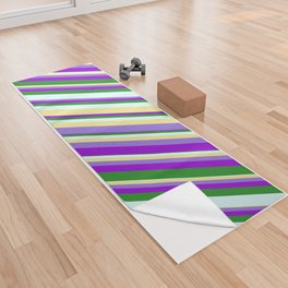 [ Thumbnail: Vibrant Tan, Purple, Dark Violet, Forest Green & Light Cyan Colored Stripes Pattern Yoga Towel ]