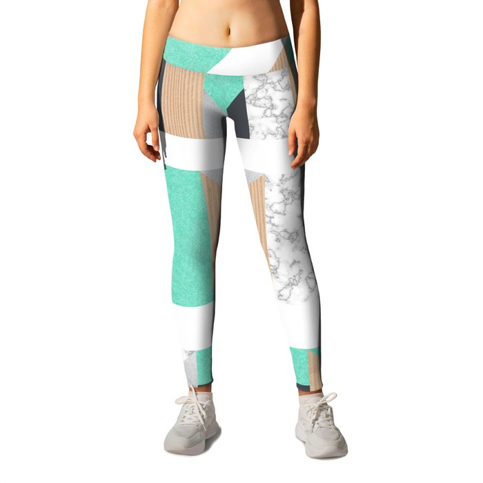 Abstract Geo - Mint, Wood and Marble Leggings