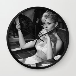 Brigitte Bardot Drinking and Smoking a Cigarette black and white photography / art photograph Wall Clock