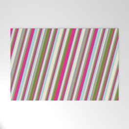 [ Thumbnail: Beige, Dark Gray, Green, Deep Pink, and Powder Blue Colored Stripes Pattern Welcome Mat ]