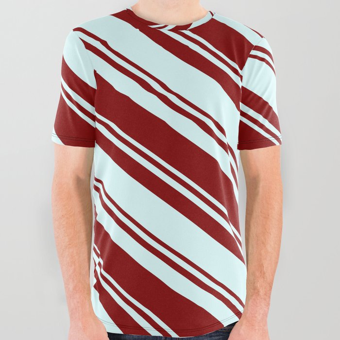 Maroon & Light Cyan Colored Lines/Stripes Pattern All Over Graphic Tee