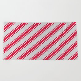 [ Thumbnail: Light Grey & Crimson Colored Striped Pattern Beach Towel ]