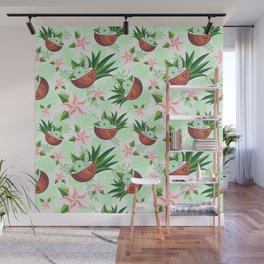 Lime in Coconut with Pink Plumeria Flowers Tropical Summer Pattern Wall Mural