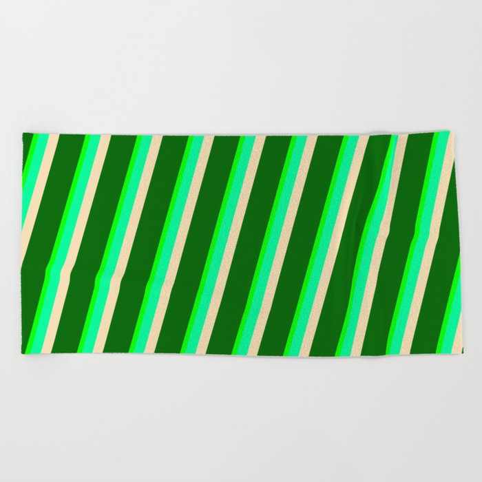 Lime, Green, Tan & Dark Green Colored Striped/Lined Pattern Beach Towel