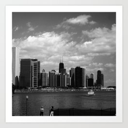 Chicago #5 Art Print | Skyline, Travel, Photo, Black and White, City, Ferry, Digitalmanipulation, Pier, Chicago, Landscape 