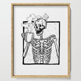 Skeleton Drinking a Cup of Coffee Serving Tray