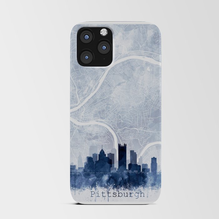 Pittsburgh Skyline Map Watercolor Navy Blue, Print by Zouzounio Art iPhone Card Case