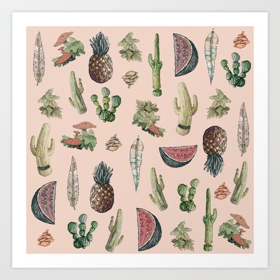 cactus, pinneaples and mushrooms Art Print