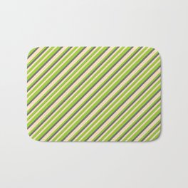 [ Thumbnail: Bisque, Green & Dim Gray Colored Pattern of Stripes Bath Mat ]