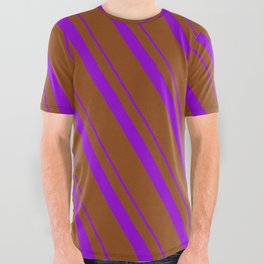 [ Thumbnail: Dark Violet and Brown Colored Striped/Lined Pattern All Over Graphic Tee ]