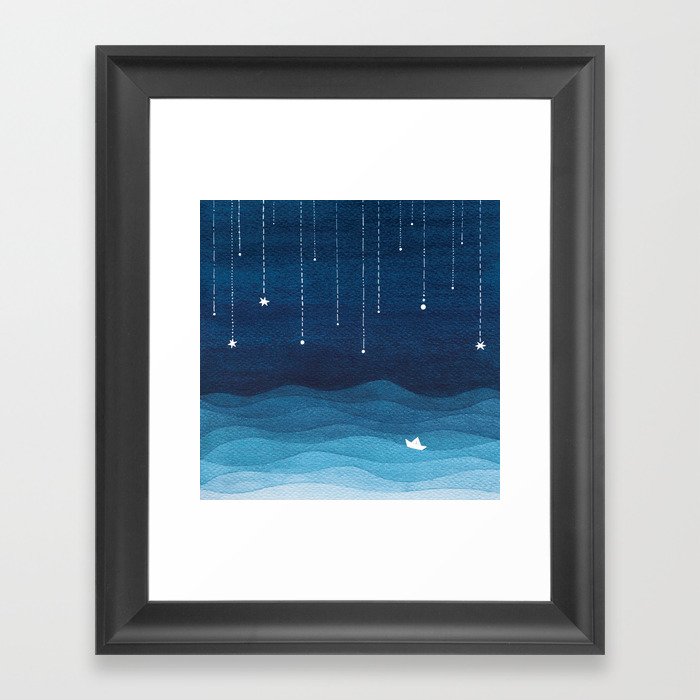 Falling stars, blue, sailboat, ocean Framed Art Print