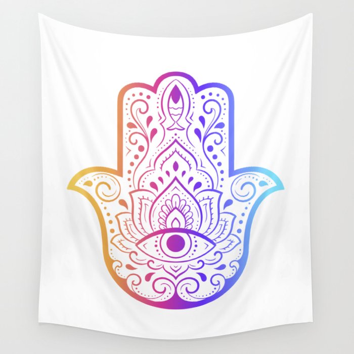 Colorful Hamsa hand drawn symbol with flower. Decorative pattern in oriental style for interior decoration and henna drawings. Wall Tapestry
