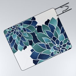 Festive, Floral Prints, Navy Blue and Teal on White Picnic Blanket