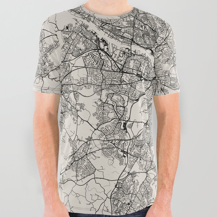 Glasgow, Scotland - Black and White Map All Over Graphic Tee