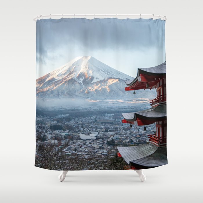 Japan Photography - Japanese Temple In Front Of Mount Fuji V.2 Shower Curtain