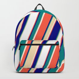[ Thumbnail: Red, Dark Blue, Dark Cyan, Tan & White Colored Lined/Striped Pattern Backpack ]