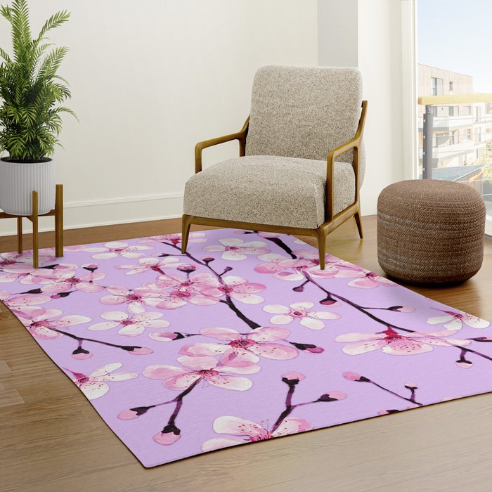 Pink Cherry blossom watercolor floral art and decor Rug