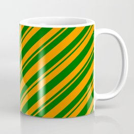 [ Thumbnail: Dark Orange and Dark Green Colored Striped/Lined Pattern Coffee Mug ]