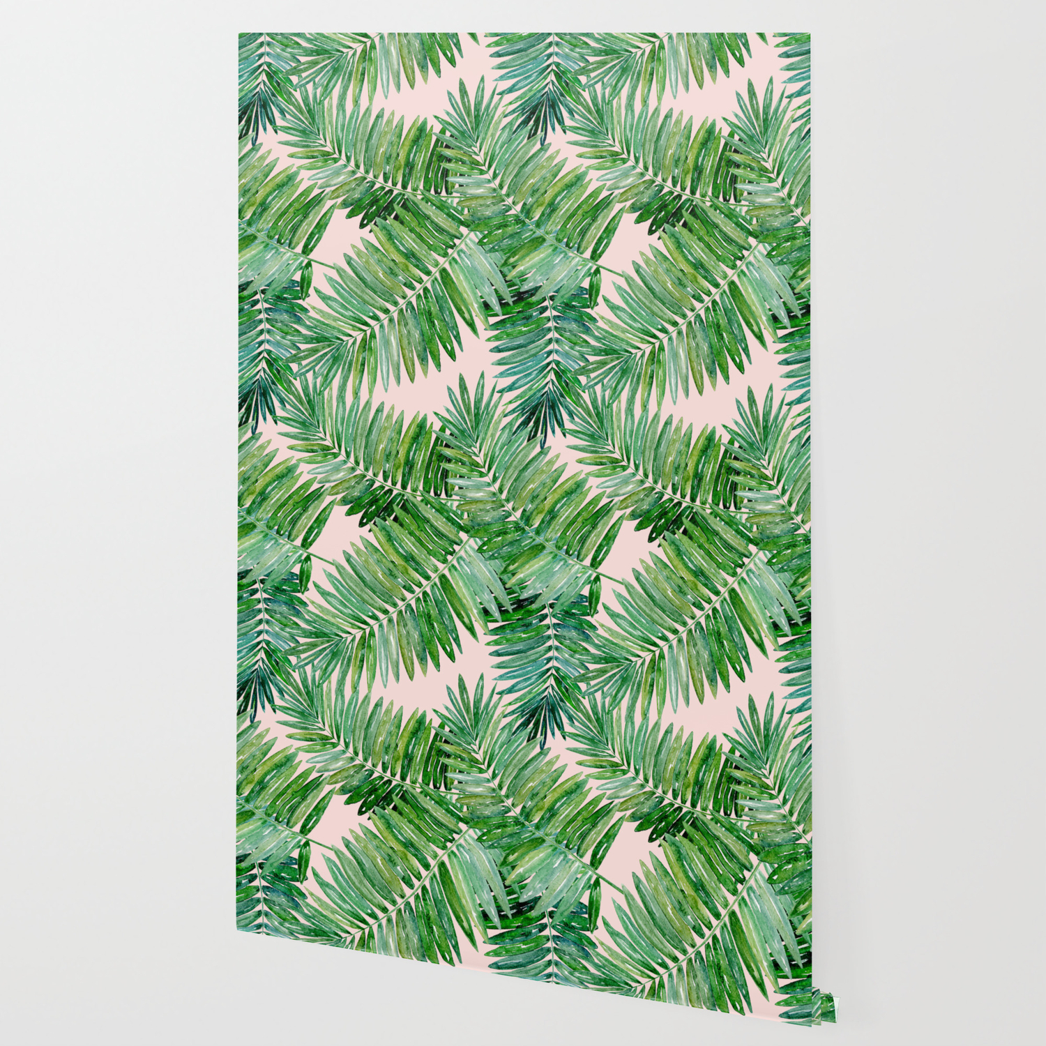 Green Palm Leaves On A Light Pink Background Wallpaper By Art In Life Society6 Collection of green tropical leaves, palm tree branches, banana leaf and exotic rainforest leaves in cartoon style. society6