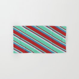 [ Thumbnail: Powder Blue, Aquamarine, Blue, and Red Colored Lined/Striped Pattern Hand & Bath Towel ]