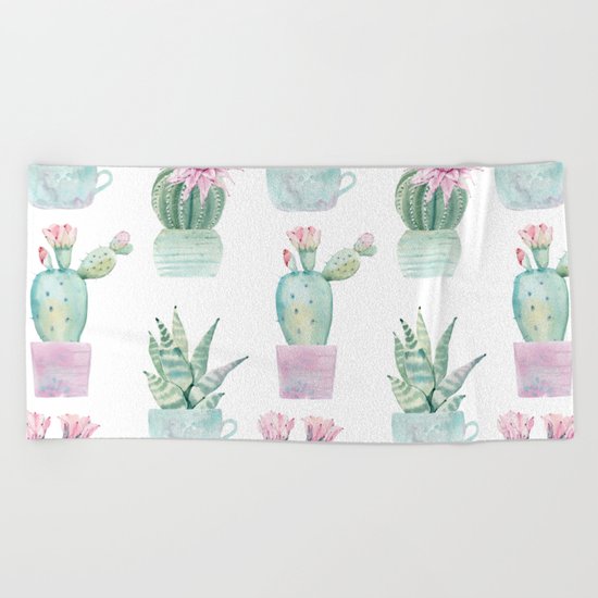 Simply Echeveria Cactus in Pastel Cactus Green and Pink Beach Towel