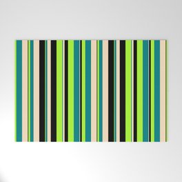 [ Thumbnail: Light Green, Teal, Bisque & Black Colored Lined/Striped Pattern Welcome Mat ]