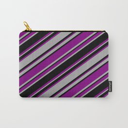 [ Thumbnail: Purple, Dark Gray & Black Colored Striped/Lined Pattern Carry-All Pouch ]