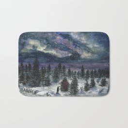 Reunited Bath Mat | Painting, Watercolor, Snow, Spruce, Found, White, Aurora, Northernlights, Forest, Purple 