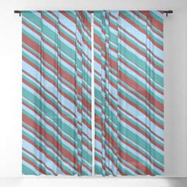 [ Thumbnail: Light Sky Blue, Dark Cyan & Maroon Colored Lined Pattern Sheer Curtain ]