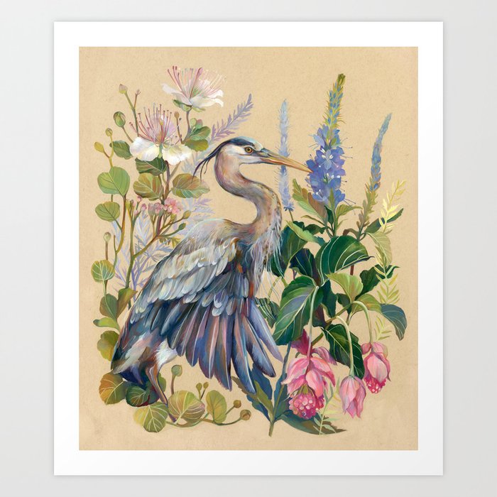 Blue Heron Floral Art Print
