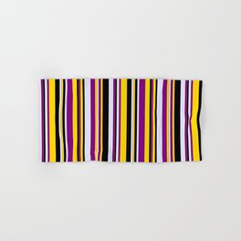 [ Thumbnail: Yellow, Purple, Lavender & Black Colored Striped/Lined Pattern Hand & Bath Towel ]