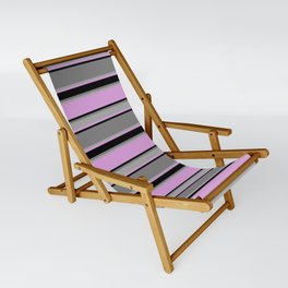 [ Thumbnail: Plum, Black, Gray, and Dark Grey Colored Striped/Lined Pattern Sling Chair ]