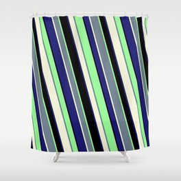[ Thumbnail: Vibrant Slate Gray, Beige, Midnight Blue, Black, and Green Colored Stripes/Lines Pattern Shower Curtain ]