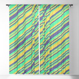 [ Thumbnail: Midnight Blue, Green, and Yellow Colored Lines/Stripes Pattern Sheer Curtain ]
